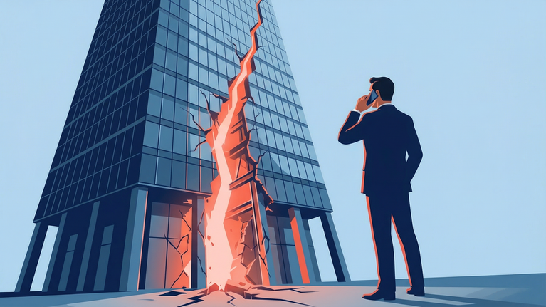 Illustration of a corporate skyscraper with a deep red structural crack running through its foundation while executives stand nearby unaware of the instability.