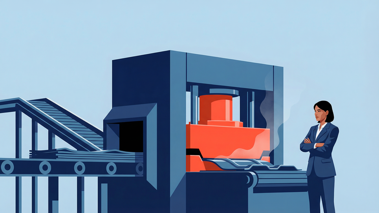 Illustration of a complex corporate production system where multiple conveyor lines feed into a central red press machine that shapes operational output.