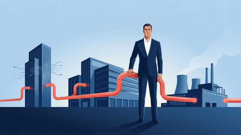 Illustration of a continuous red pipeline flowing through interconnected corporate structures representing finance, operations, and industrial production systems.