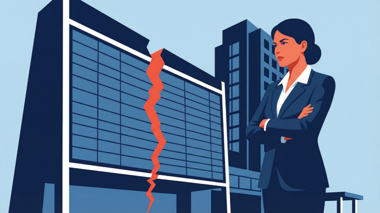 Flat isometric illustration of a hospitality executive standing before a fractured performance board with a vertical red crack, symbolizing structural labor cost pressure and systemic overtime imbalance in hotel operations.