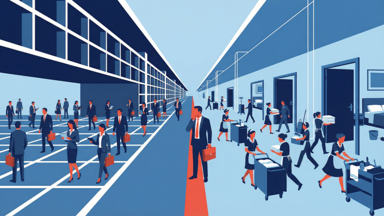 Flat isometric illustration contrasting executive staff movement on one side with active housekeeping operations on the other, separated by a central red alignment line, highlighting the distinct structural behavior of housekeeping labor within hotel operations.