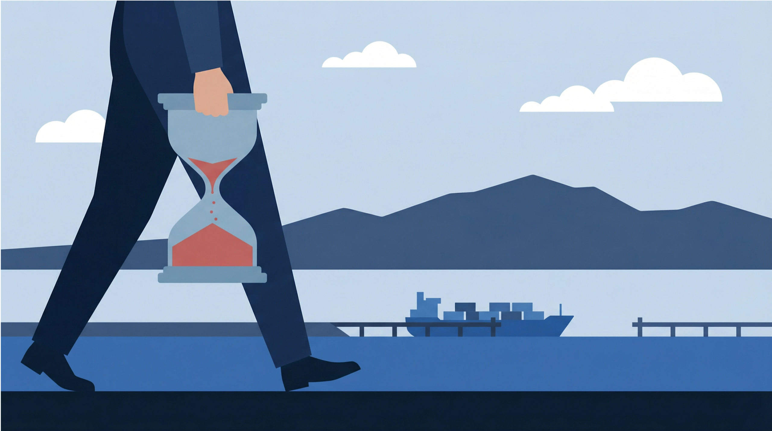 Figure running across staggered platforms over water, representing the timing and coordination required to maintain steady cash flow movement across an organization.