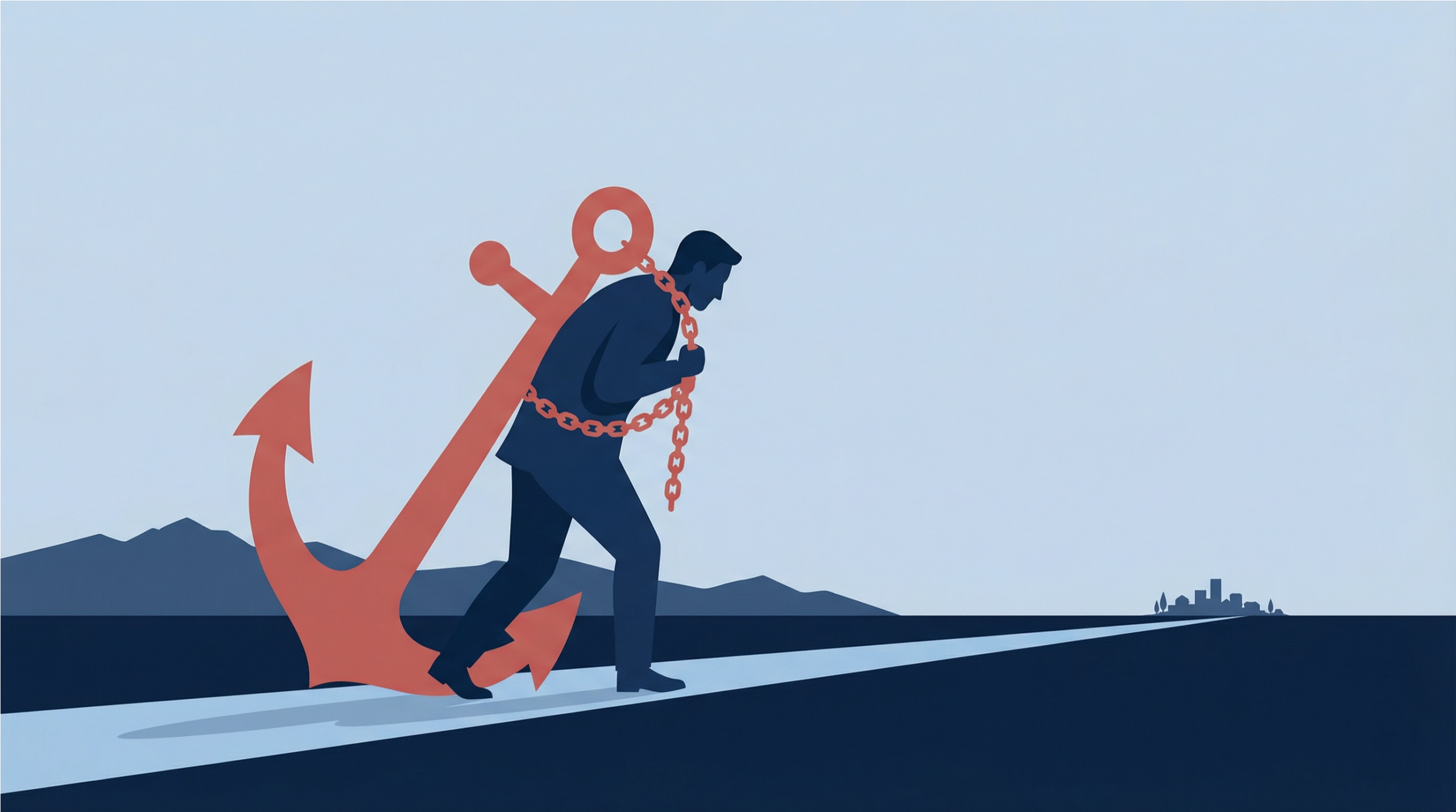 Figure anchored to a fixed point while moving forward, illustrating how fixed financial commitments constrain operational cash flow flexibility.
