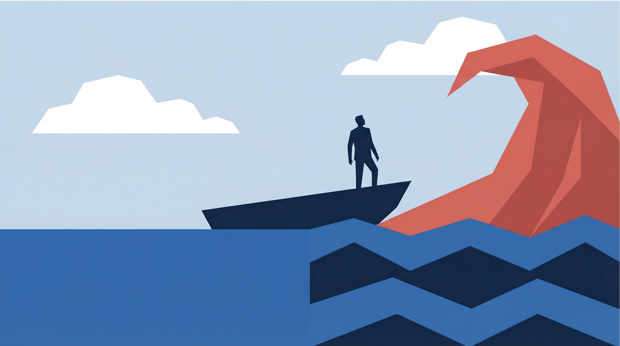 Figure navigating a small boat through rising waves, representing the variability and uncertainty that can disrupt cash flow stability.