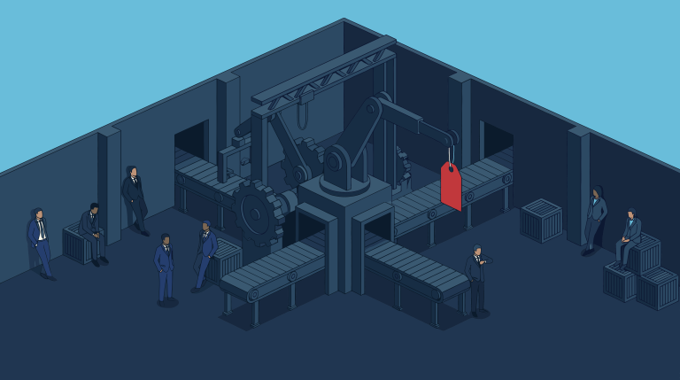 Illustration of a corporate production system with automated machinery placing a red price tag onto a conveyor line while executives observe the pricing process.