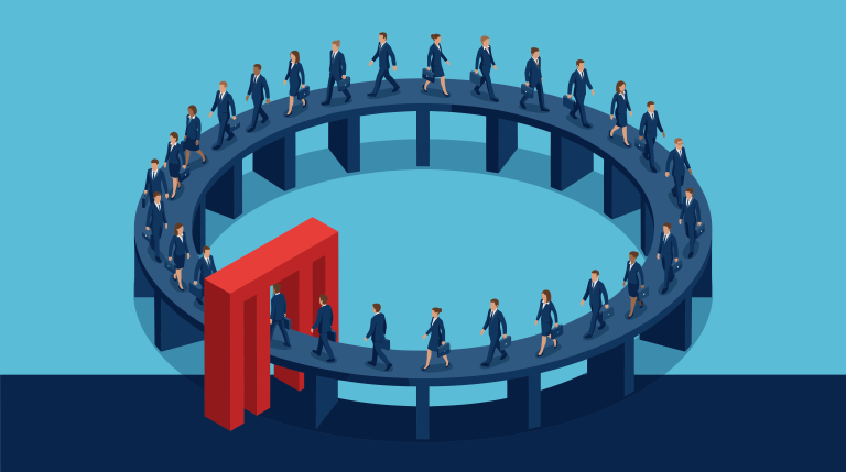 Illustration of corporate employees walking in a continuous circular path around a structure while passing through a red gate representing organizational systems that shape workforce movement and performance.