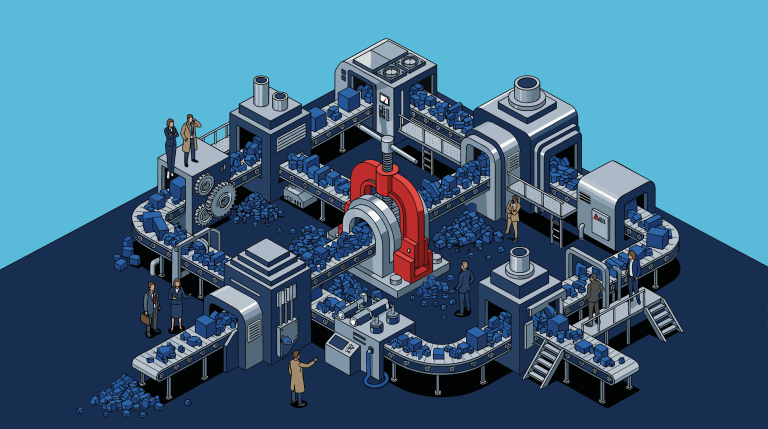 Illustration of a complex corporate production system where multiple conveyor lines feed into a central red press machine that shapes operational output.