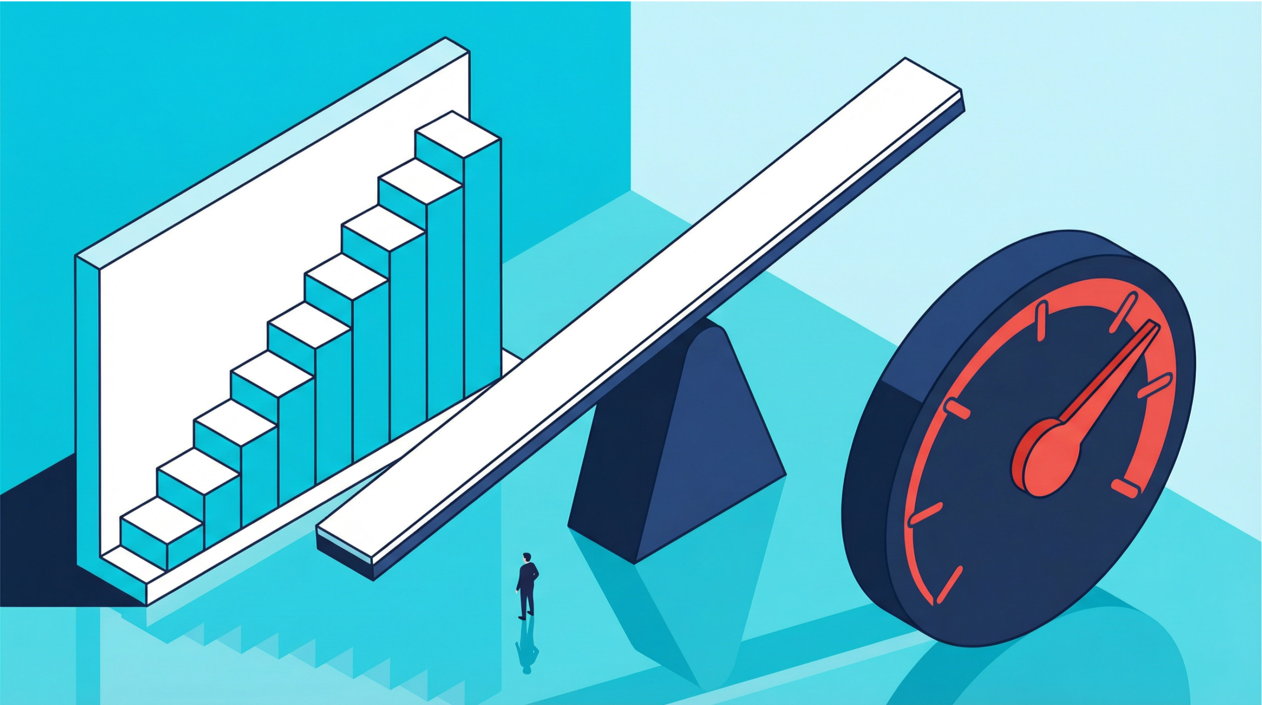 Illustration of a rising demand chart balanced against a shifting platform and speed gauge, representing changes in market demand over time.