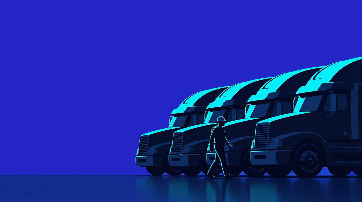Line of freight trucks with operator, representing fleet utilization and logistics cost structure