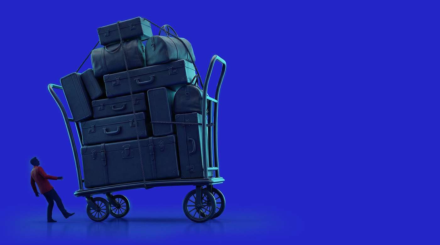Illustration of an overloaded hotel luggage cart with stacked bags, representing accumulated labor costs exceeding revenue and compressing margins in a boutique hotel