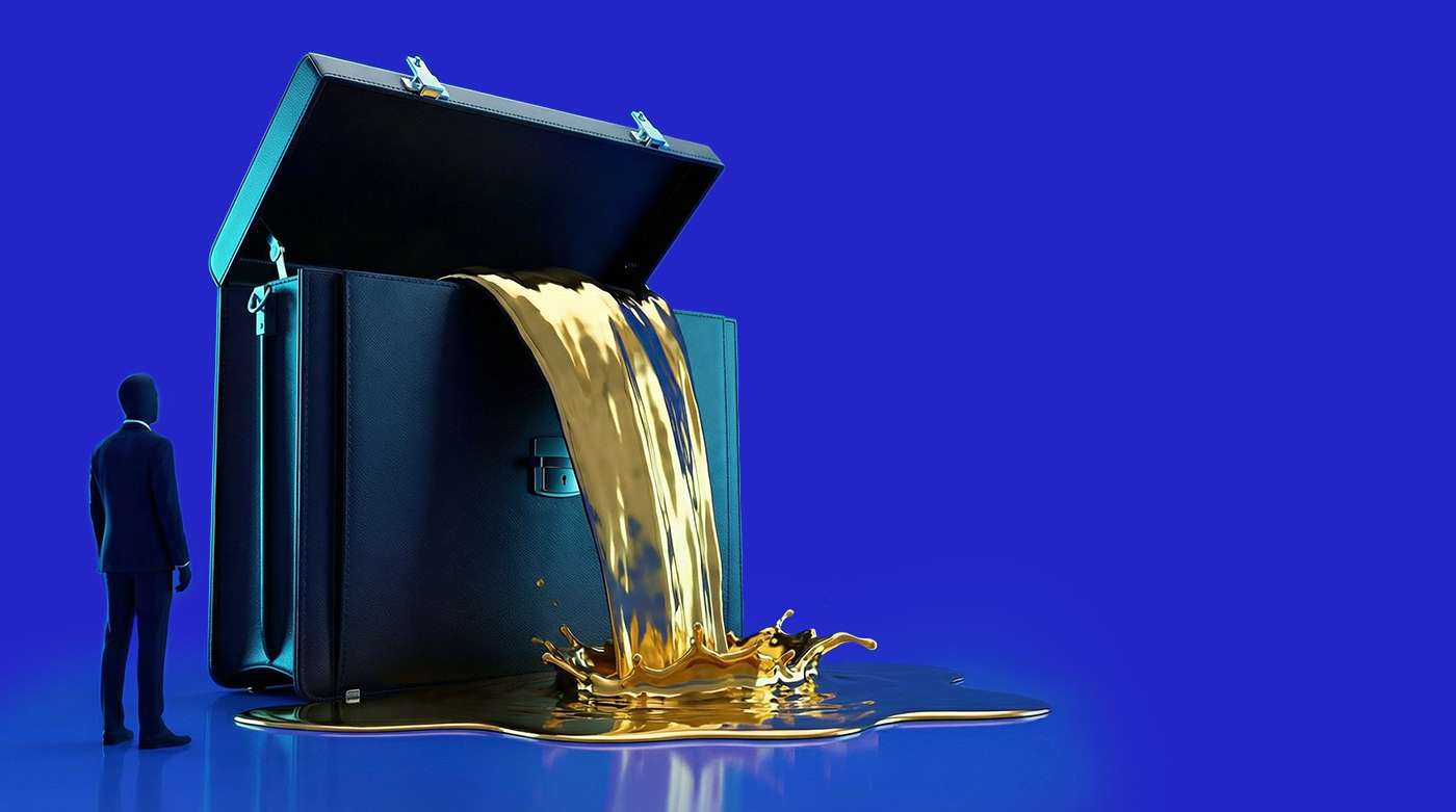Illustration of enterprise cash flow misalignment with oversized briefcase releasing capital representing cash cycle breakdown and reduced financial flexibility