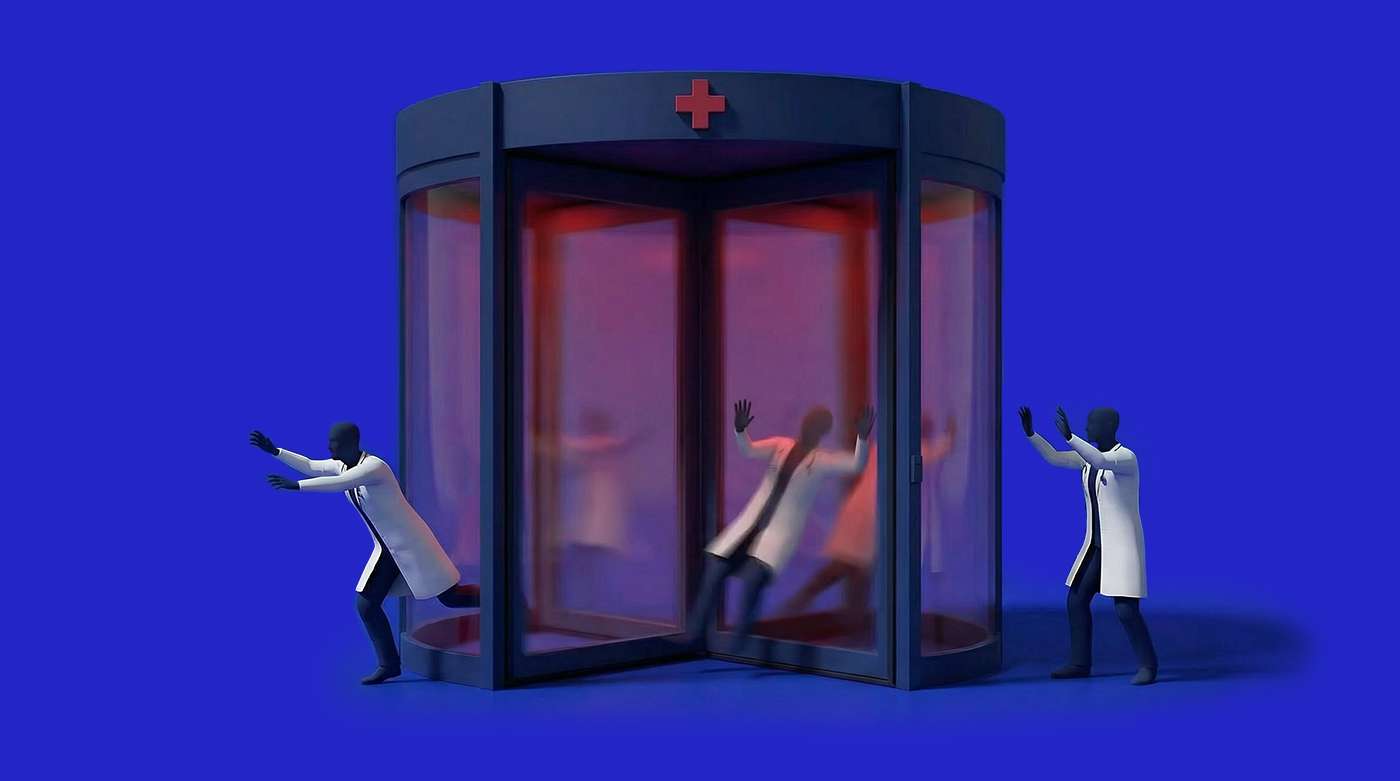 Illustration of doctors pushing a revolving door with red interior, representing trapped clinical capacity and lost workforce productivity in a healthcare system