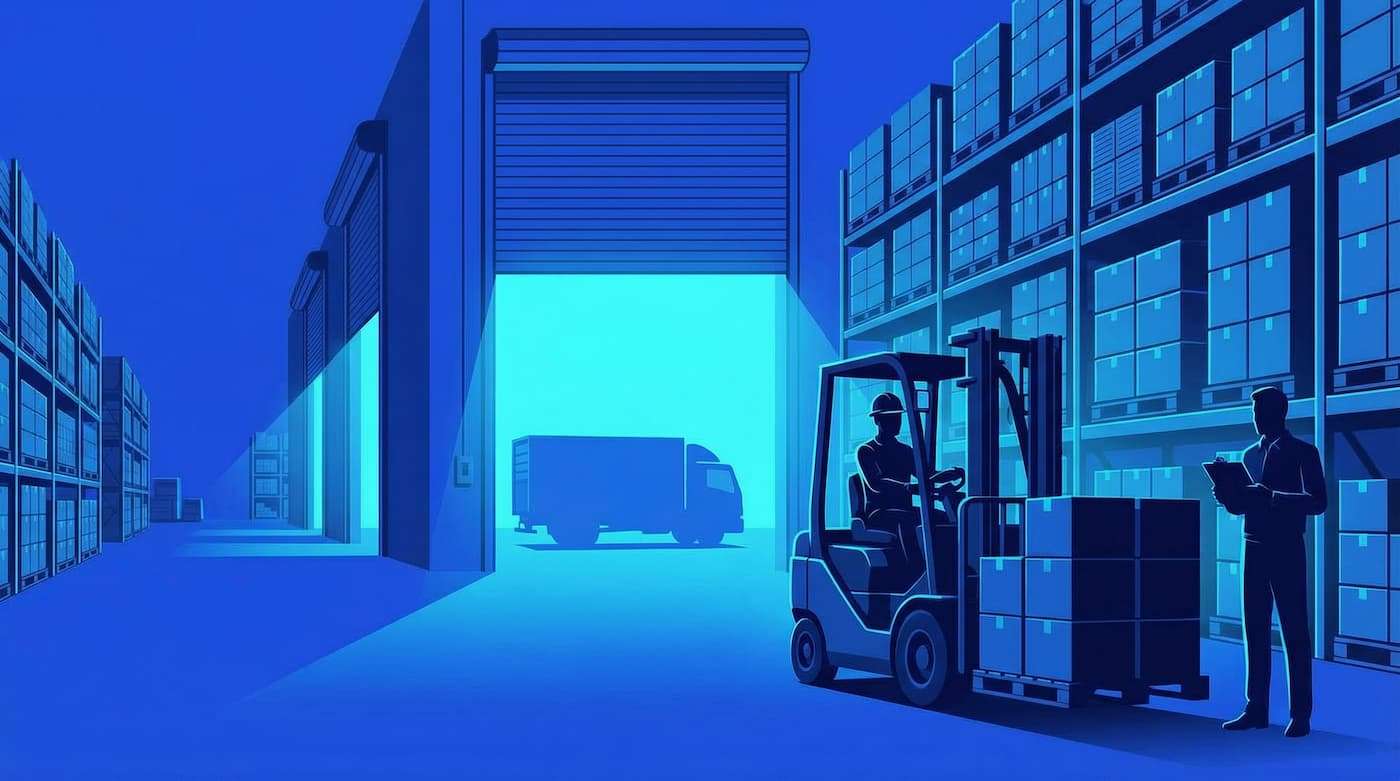 Illustration of a warehouse distribution center with forklift moving inventory and truck loading dock, representing working capital optimization, inventory flow, and cash conversion cycle in a regional distribution business