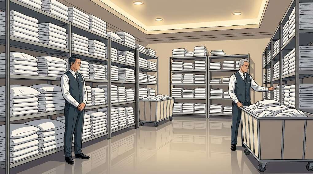 housekeeping staff present in hotel corridor with limited occupied rooms