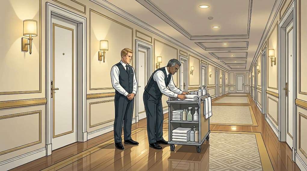 housekeeping staff moving through long corridors between rooms