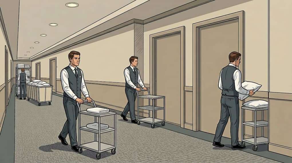 housekeeping staff waiting in corridor during low activity period