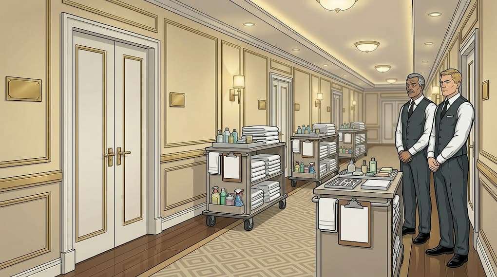multiple housekeeping staff gathered relative to limited cleaning workload