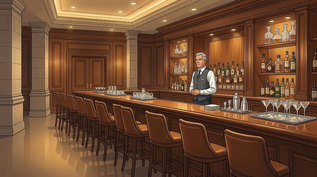 bartender standing in an empty hotel bar with no guests and full setup