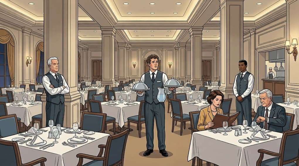 restaurant staff present with limited guest volume and uneven table occupancy