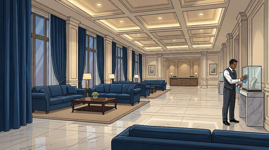 single hotel staff member working in a large empty lobby with minimal guest presence