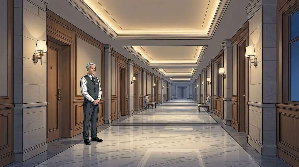 hotel staff preparing public space in advance of event without guest presence