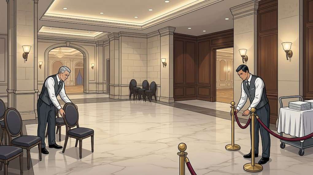 hotel staff performing deep cleaning in a quiet public area with no visible guest activity