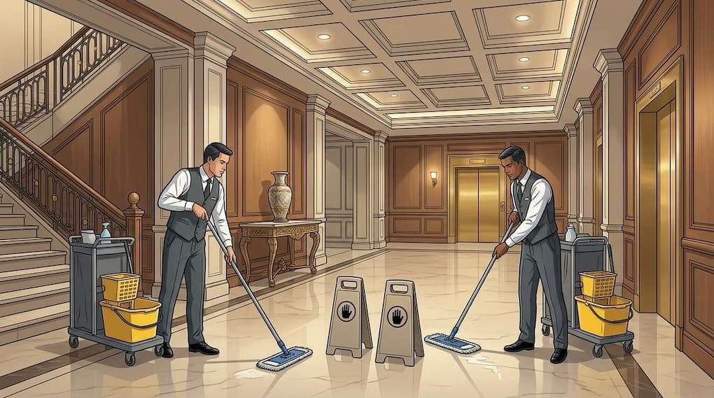 hotel staff struggling to manage increased guest traffic in public areas during peak event period
