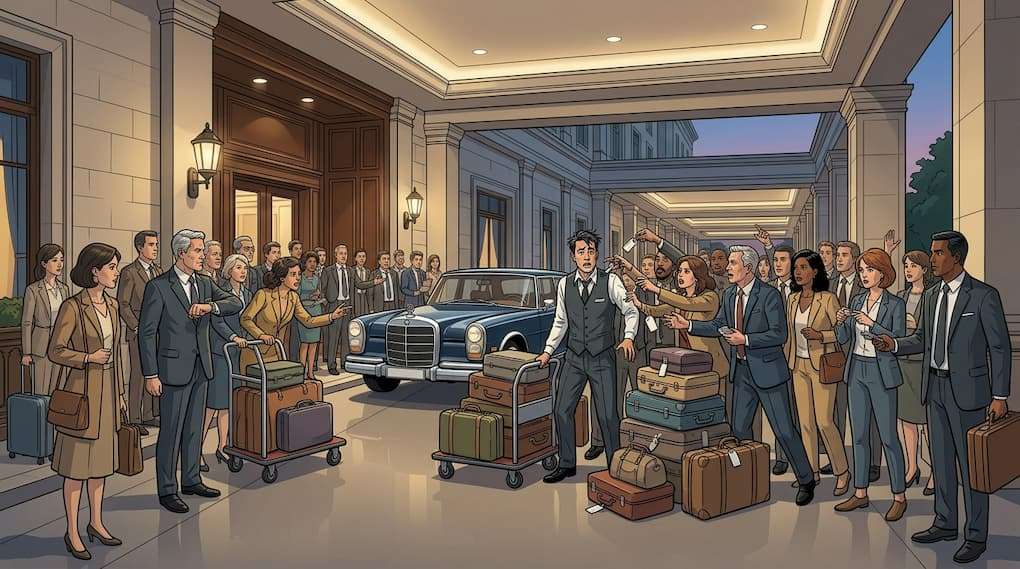 overcrowded hotel public space with insufficient staff coverage during peak event
