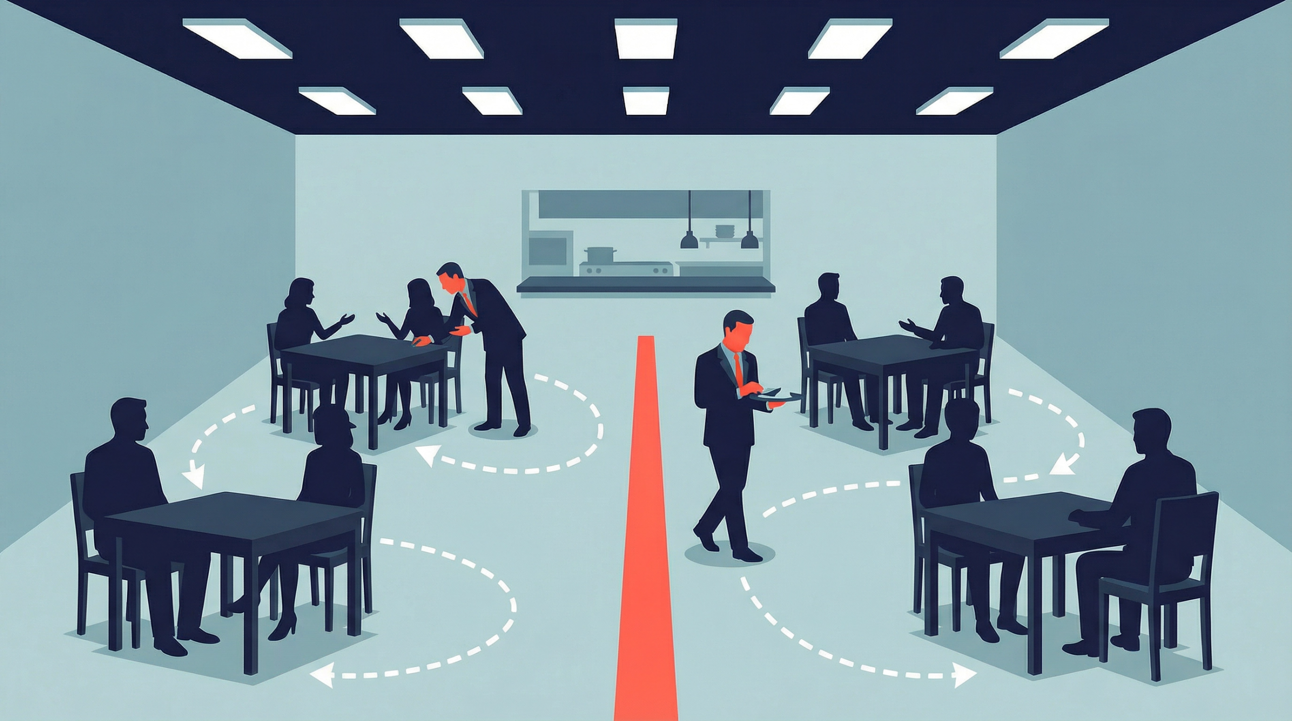 Staff moving in repeated patterns around occupied tables, indicating reduced service throughput