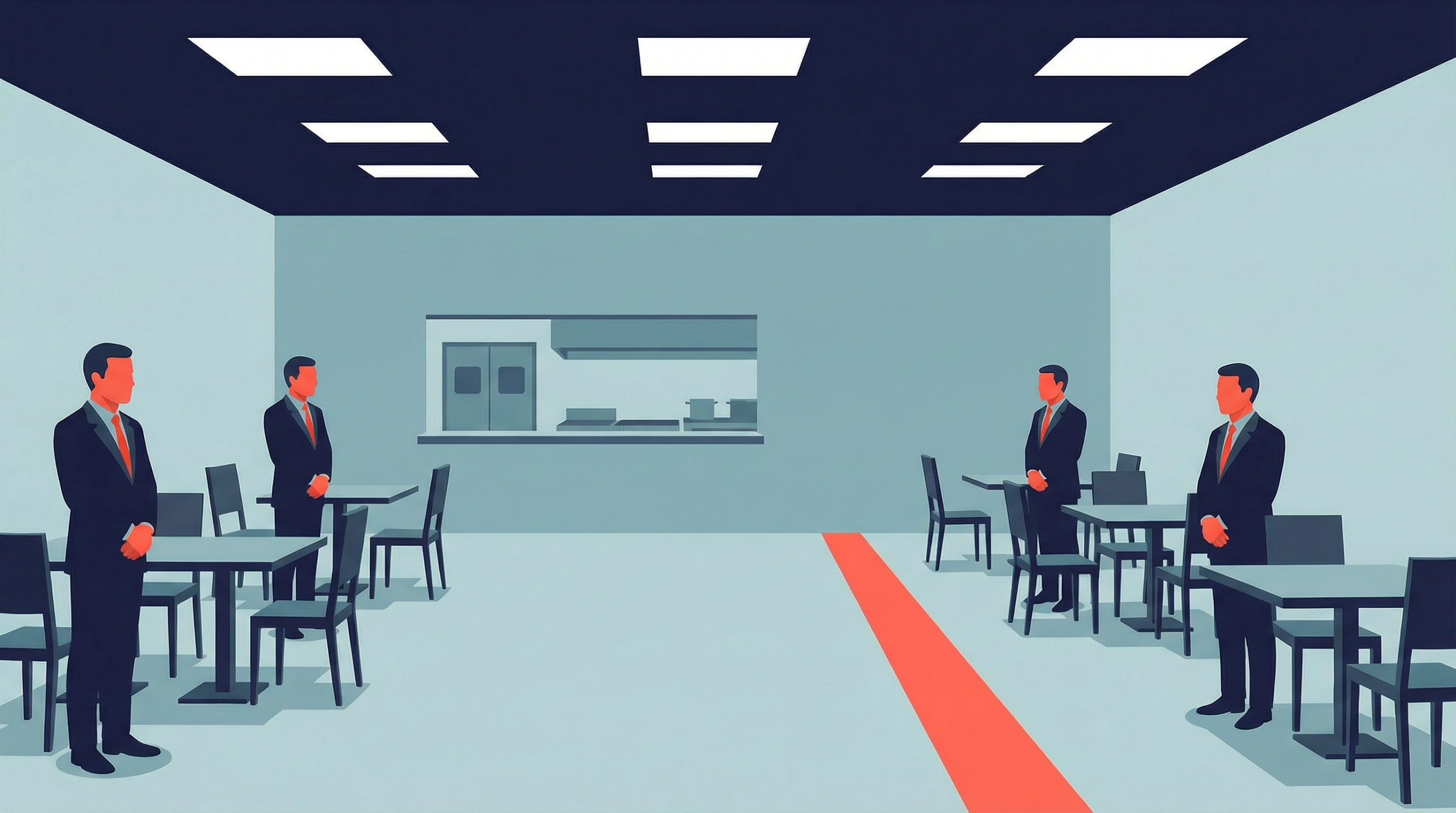 Staff positioned on both sides of restaurant floor across time segments while tables remain empty