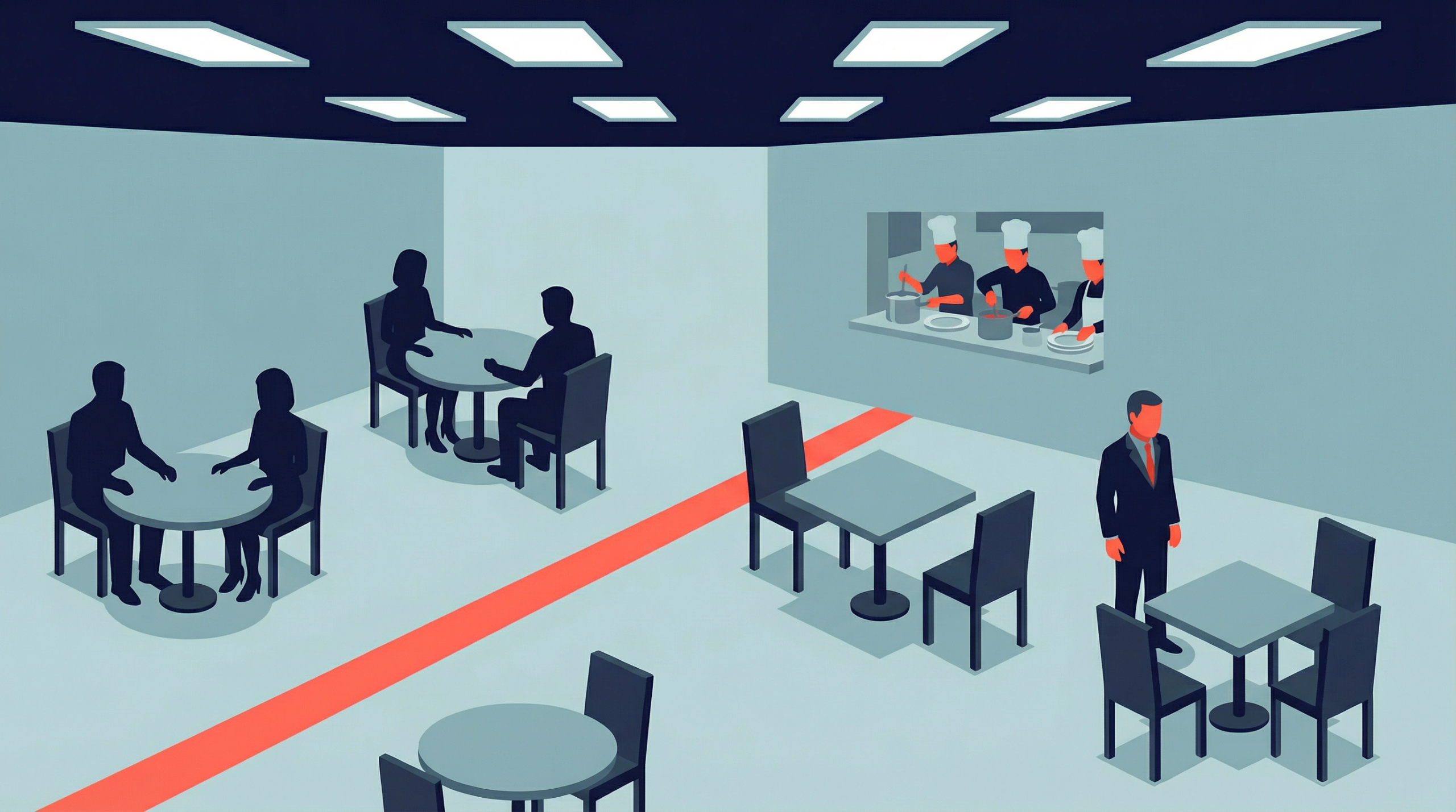 Active kitchen staff visible while restaurant floor shows limited guest activity and idle service staff