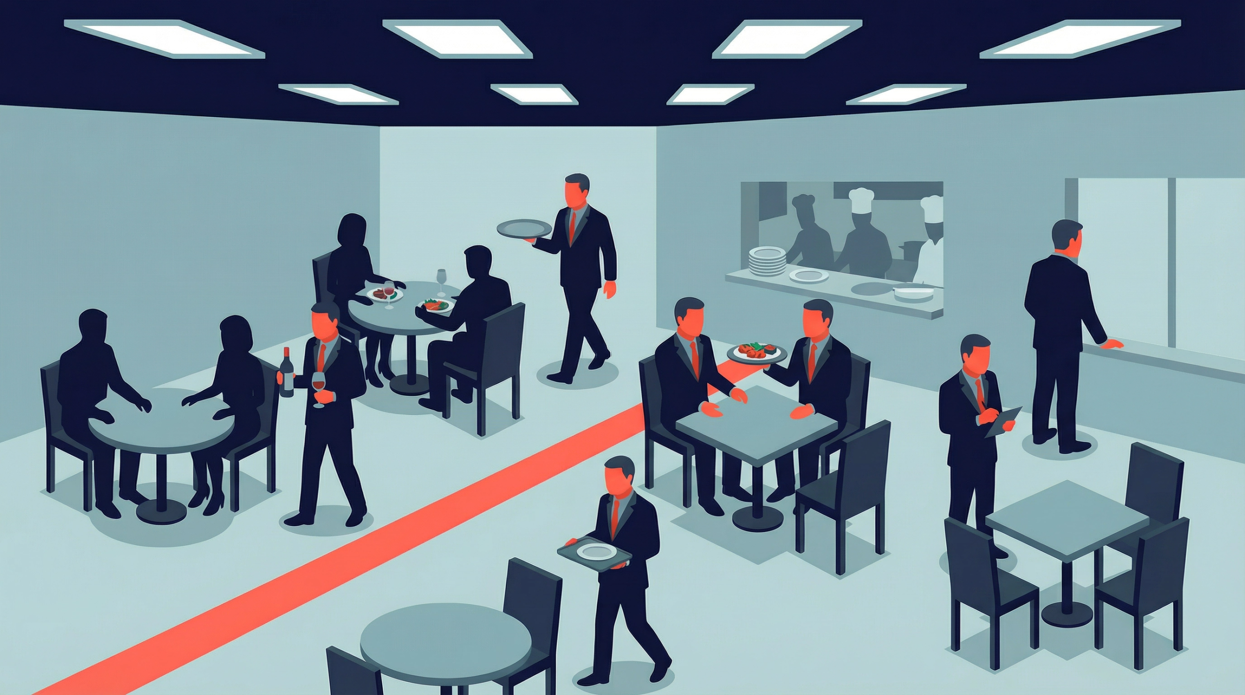 Many staff distributed across restaurant with only partial table occupancy, indicating inefficiency