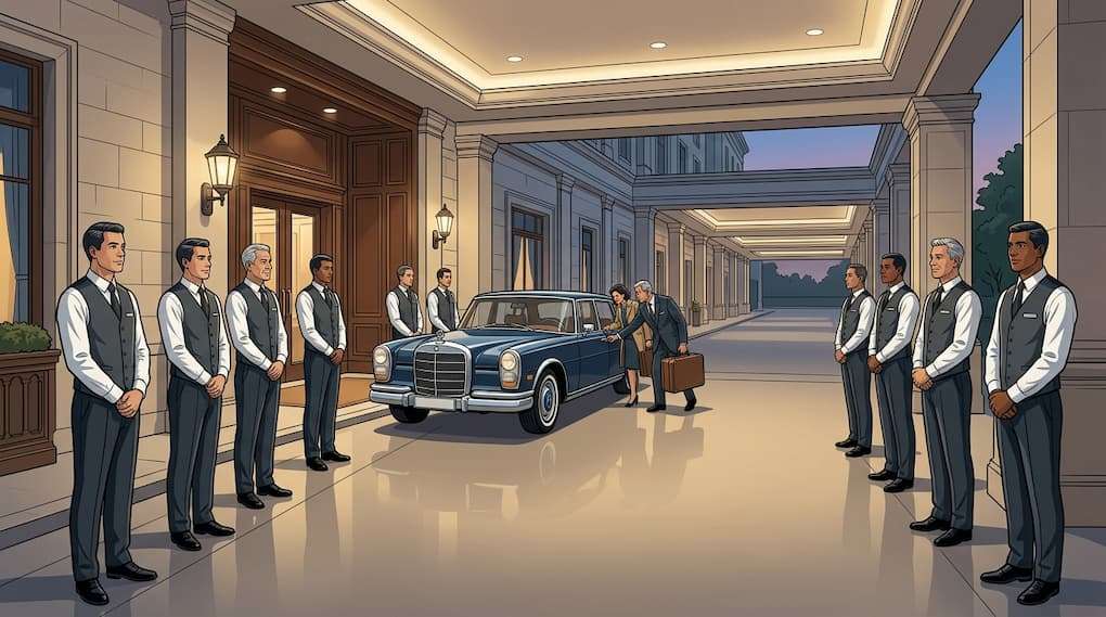 valet staff present with limited vehicle activity at hotel entrance