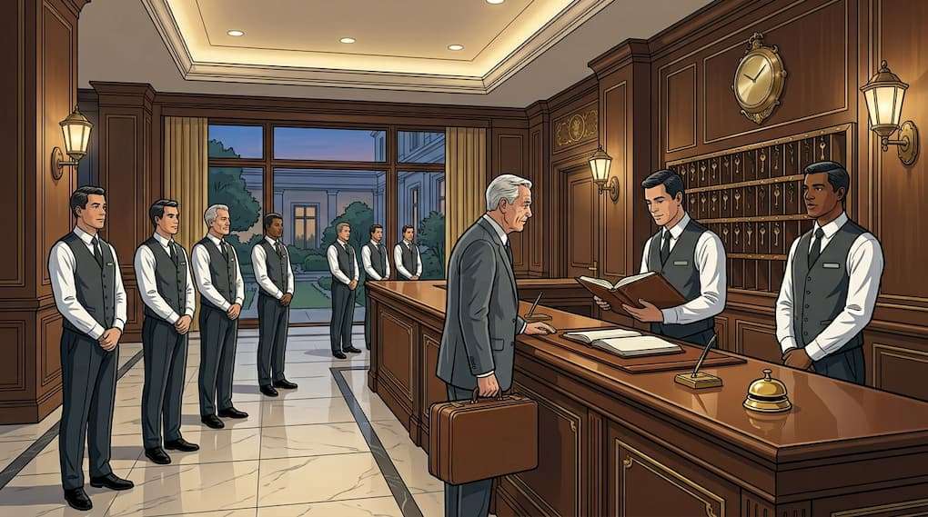 concierge staff present with limited guest interaction at hotel desk