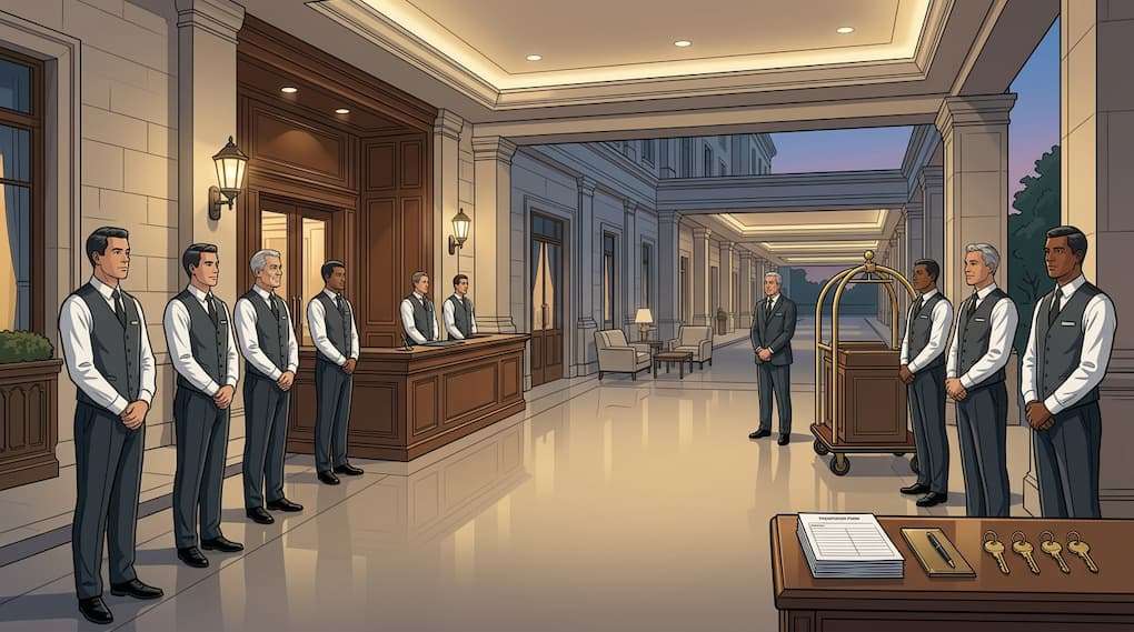 multiple staff preparing for VIP arrival across hotel front area