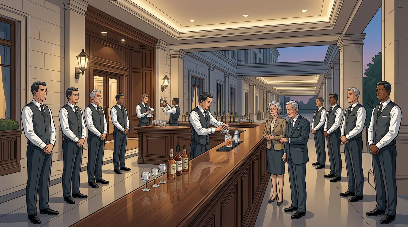 overstaffed hotel bar during low demand with multiple bartenders and minimal guests