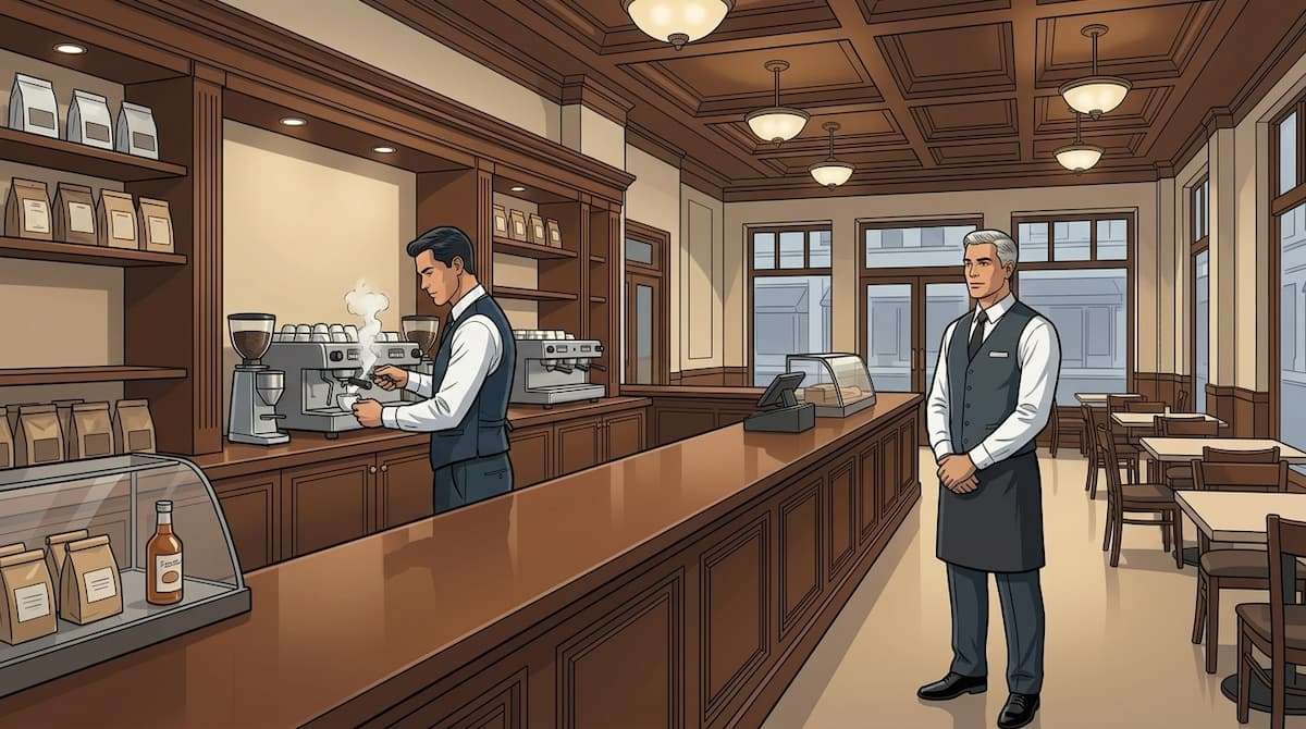 Hotel coffee shop with one barista preparing coffee and another staff member idle during low afternoon customer volume, illustrating staffing not aligned with demand