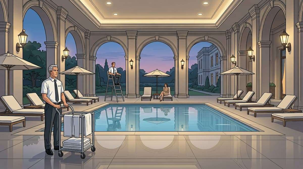 hotel pool staff present despite low seasonal guest usage