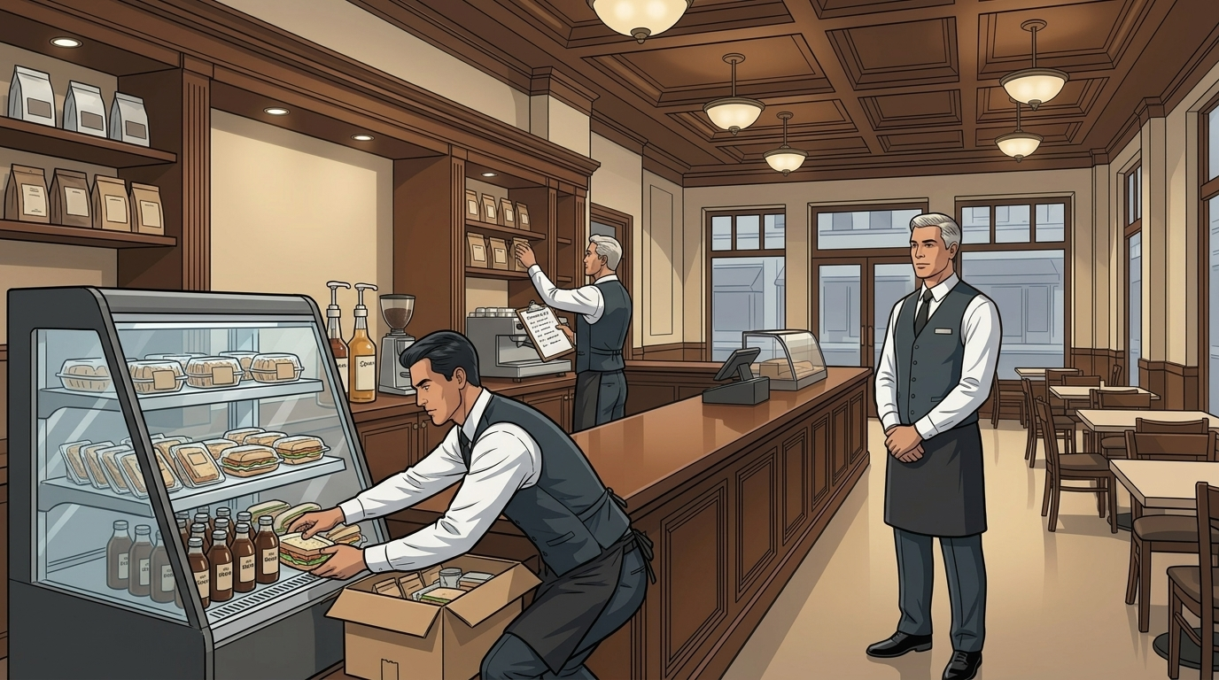Hotel coffee shop staff restocking grab-and-go food display and preparing coffee, illustrating added labor from food service operations