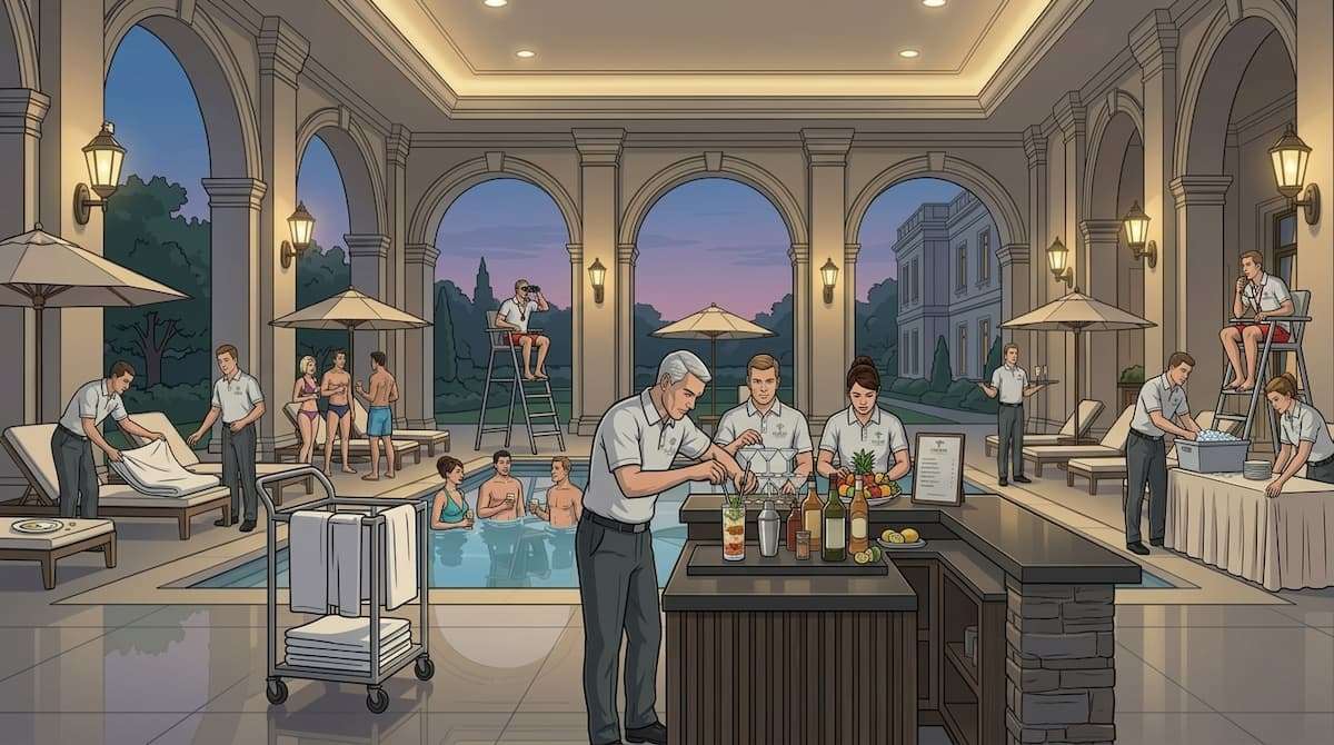 pool area with increased guest activity and strained staff coverage