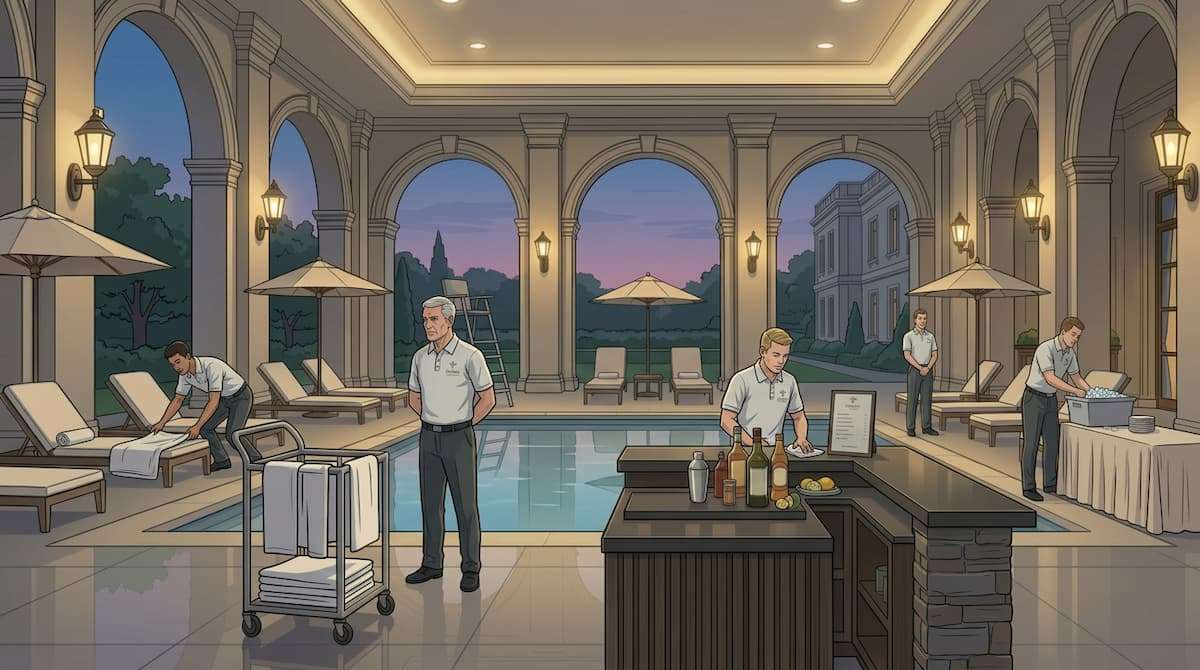 pool attendant present in low-activity environment without visible revenue generation