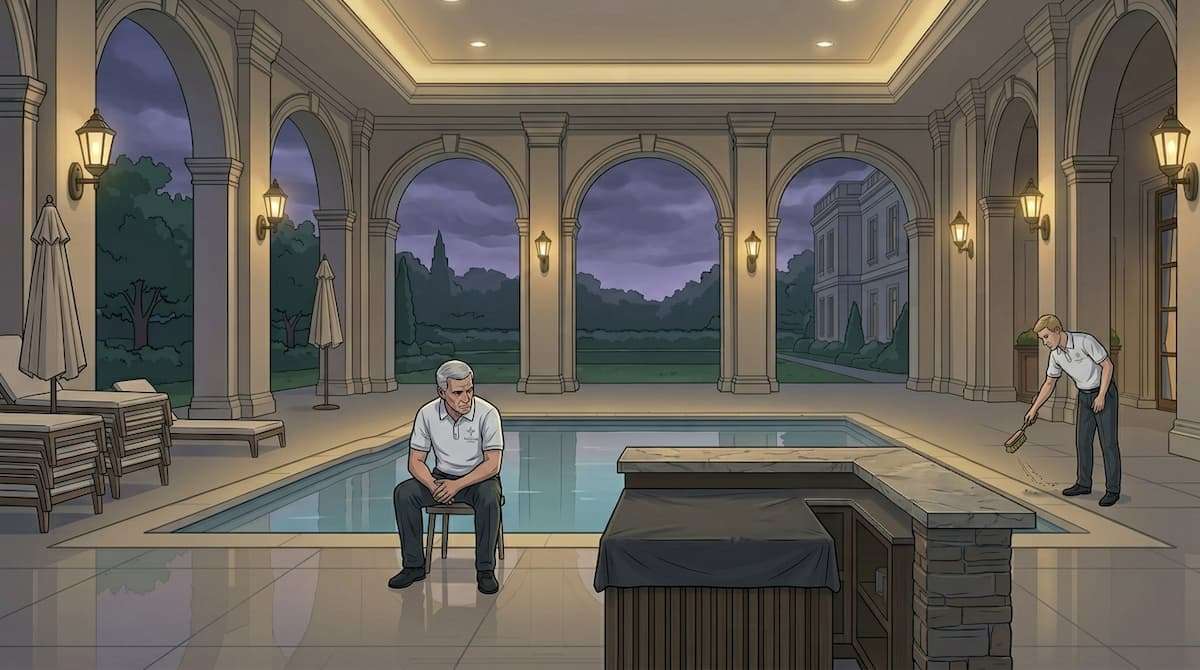 pool staff present during unfavorable weather with low guest usage