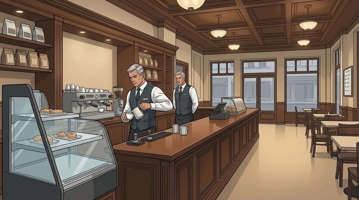 Hotel coffee shop with supervisor and barista present, illustrating overlapping oversight roles in a small operation