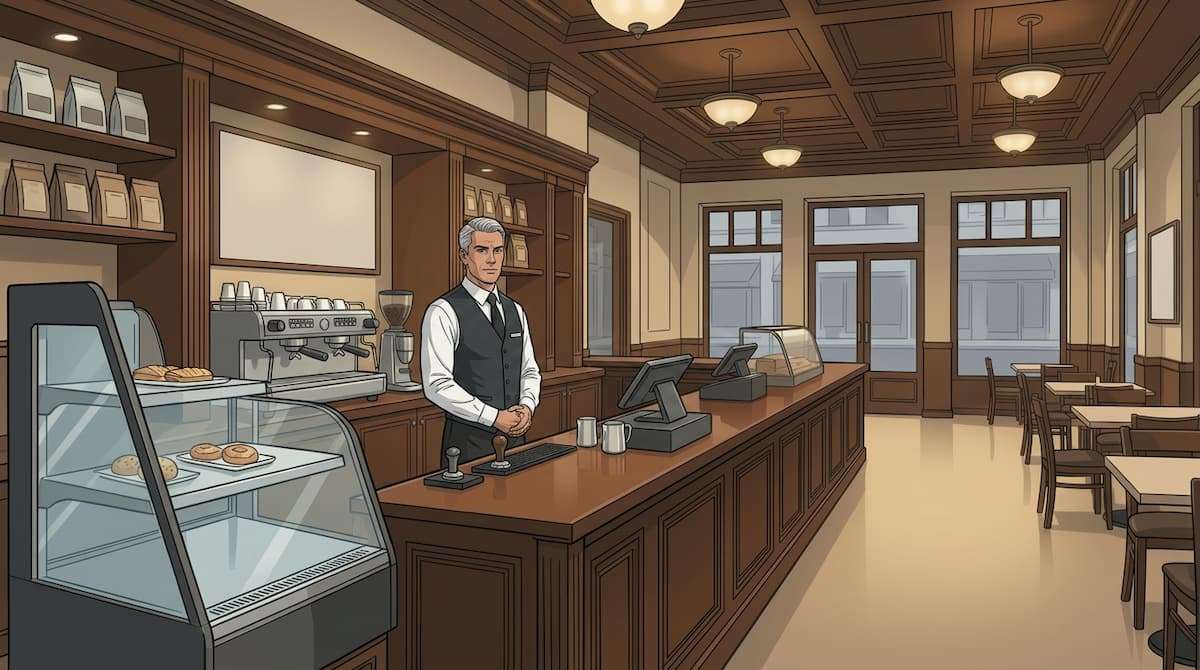 Hotel coffee shop counter with single staff member and empty seating area, illustrating low guest capture relative to staffing