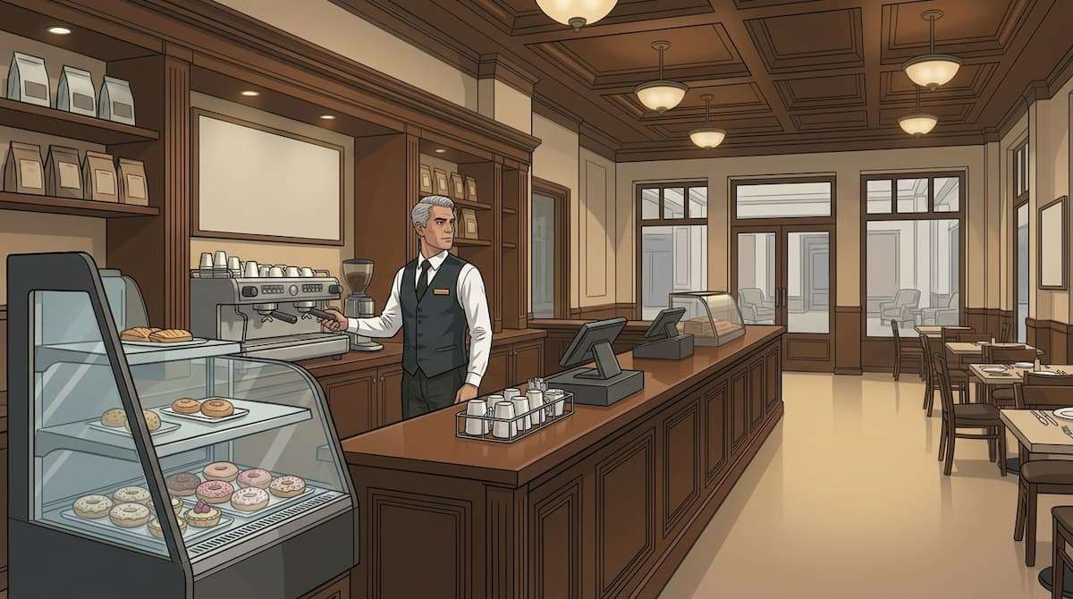 Hotel coffee shop with single barista during low customer period, illustrating extended hours with minimal demand