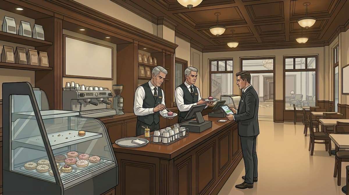Hotel coffee shop staff serving a guest at the counter, illustrating labor activity within a single outlet