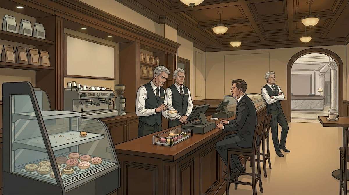 Hotel coffee shop with multiple staff serving a guest while another observes, illustrating layered service structure and cost