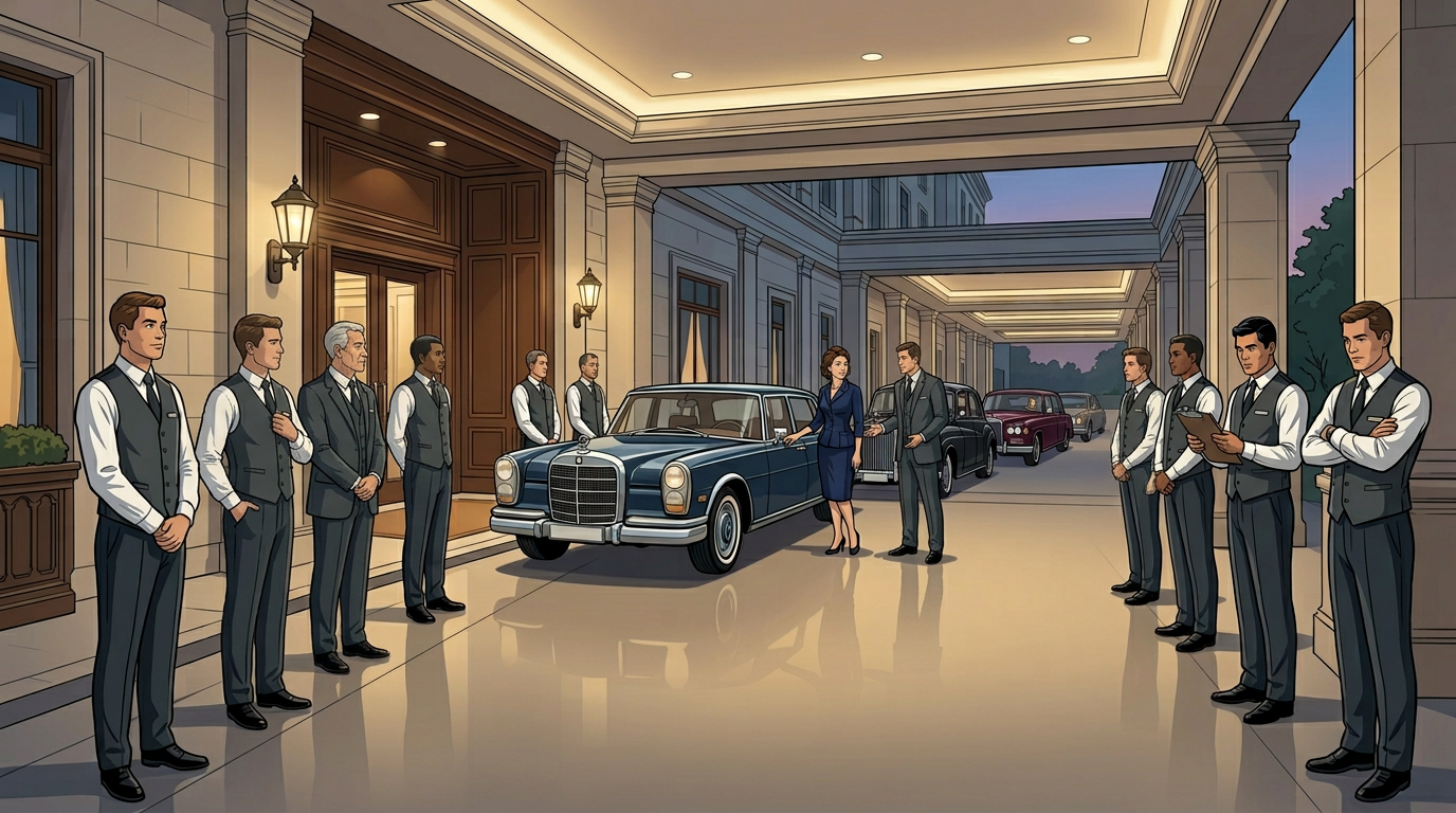 valet staff managing sudden influx of arriving vehicles with strained coverage