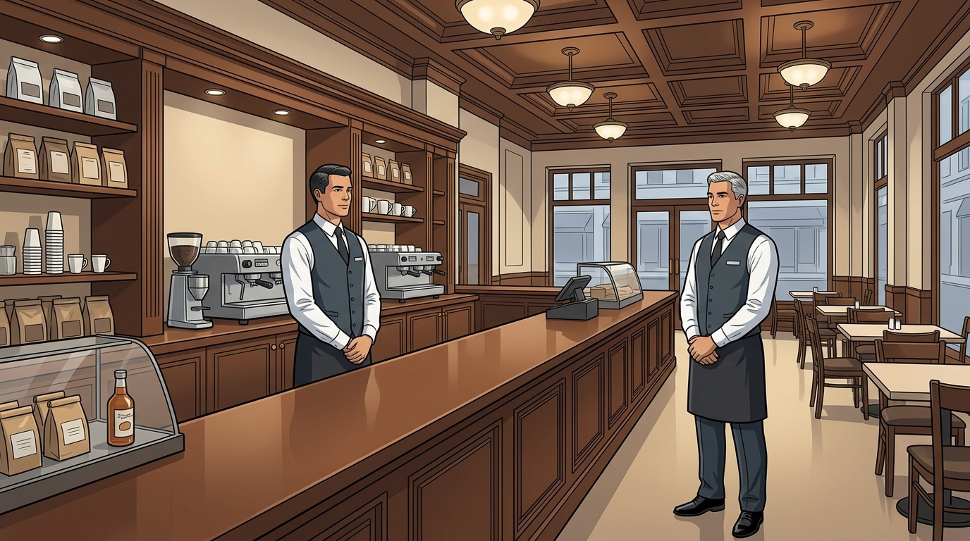 Hotel coffee shop with two staff members during low customer traffic hours, illustrating labor cost exceeding afternoon demand