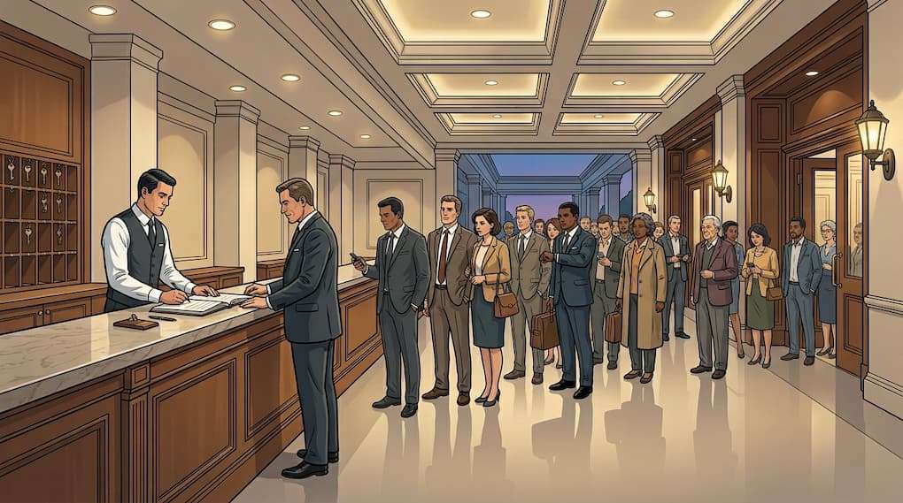 hotel front desk with sudden guest arrivals creating uneven service demand